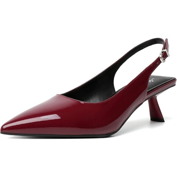 Shoes - Women Burgundy Pointed Toe Pumps Patent Leather Slingback Heels With Buckle